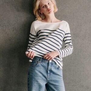 SEZANE Noan Striped long Sleeve Shirt Organic Cotton Side Button Breton Top M